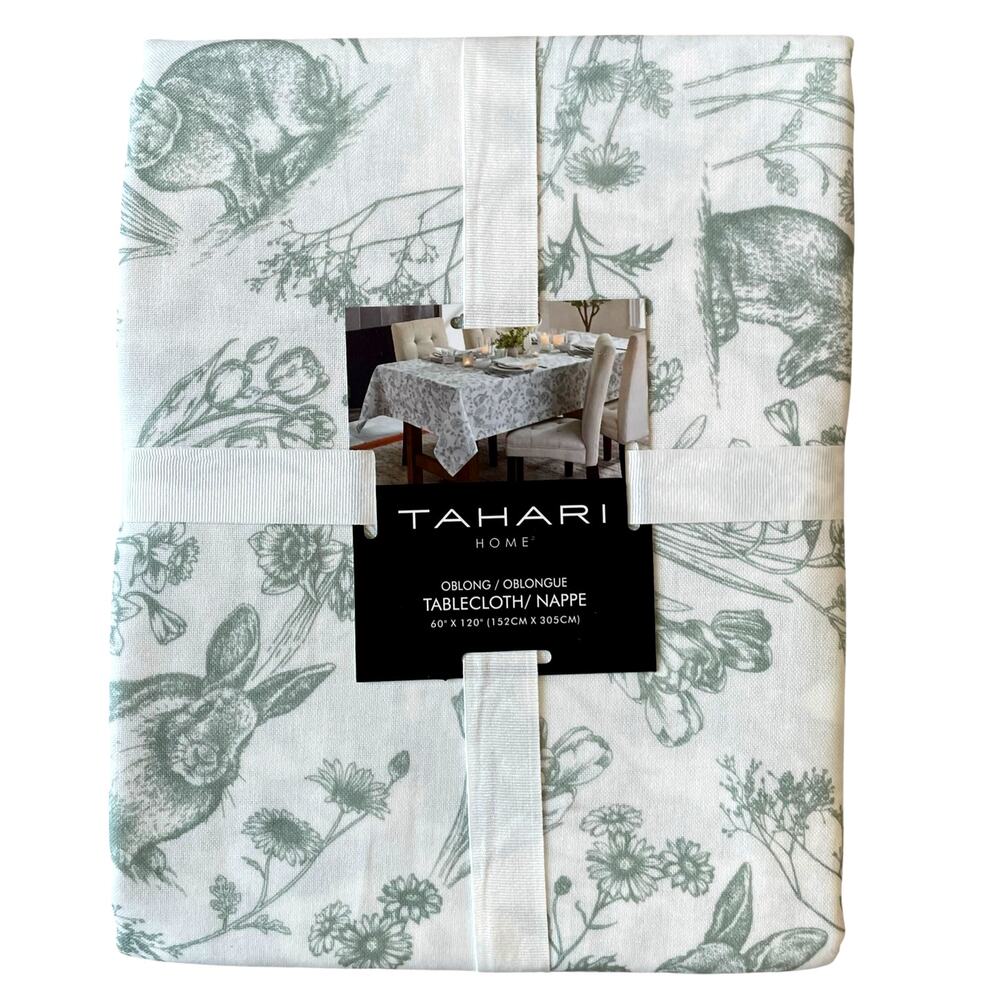 Tahari Floral Bunny Tablecloth 60x120 Sage Green & White Easter Decor NEW